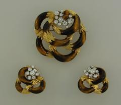 1970s Kutchinsky Tiger Eye Diamond Gold Earrings Brooch Pin Clip Set