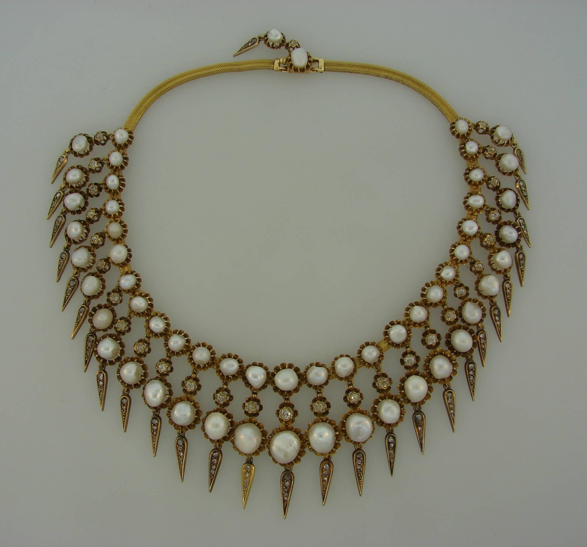 Victorian Natural Pearl Diamond Gold Necklace 2