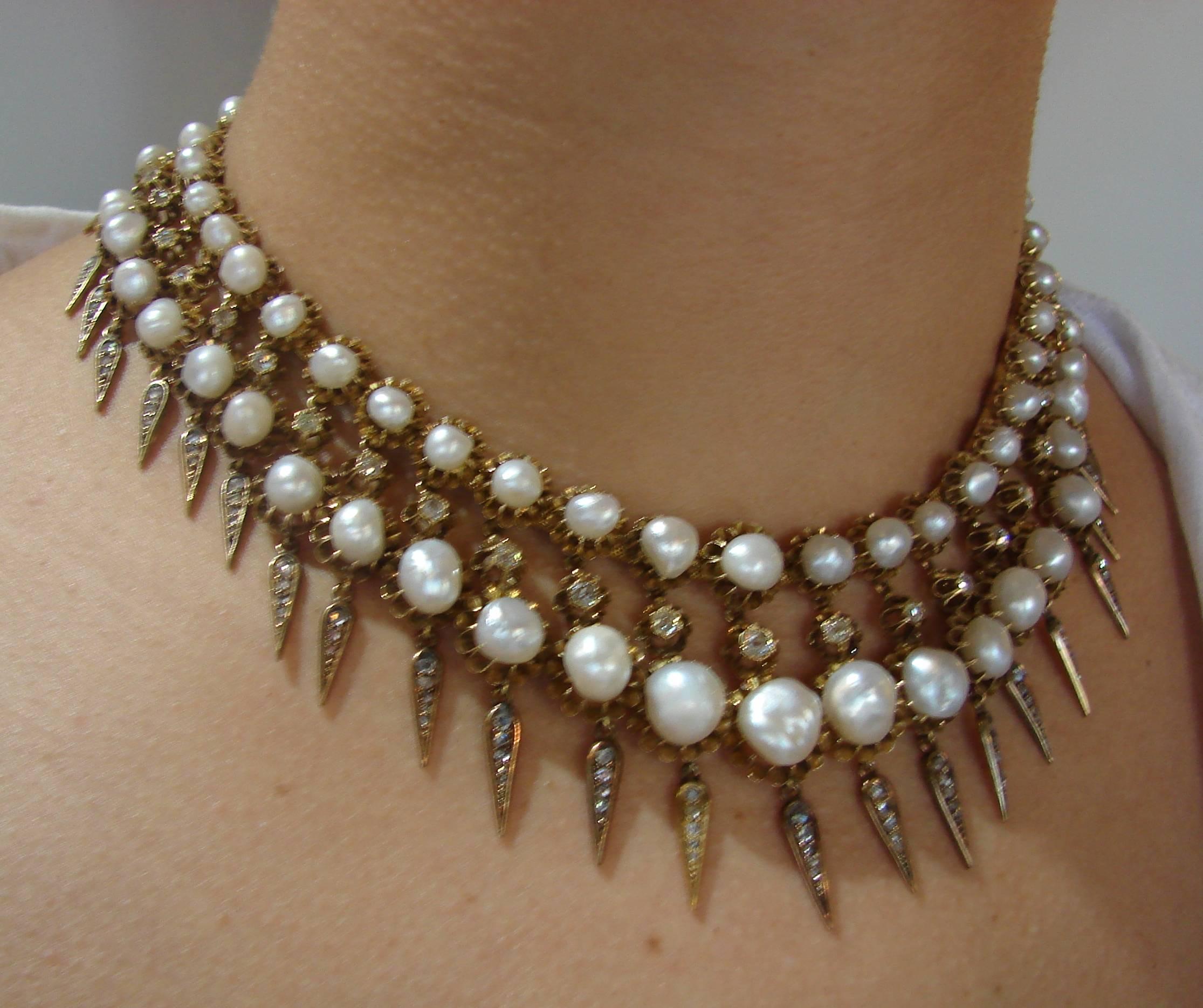 Women's Victorian Natural Pearl Diamond Gold Necklace