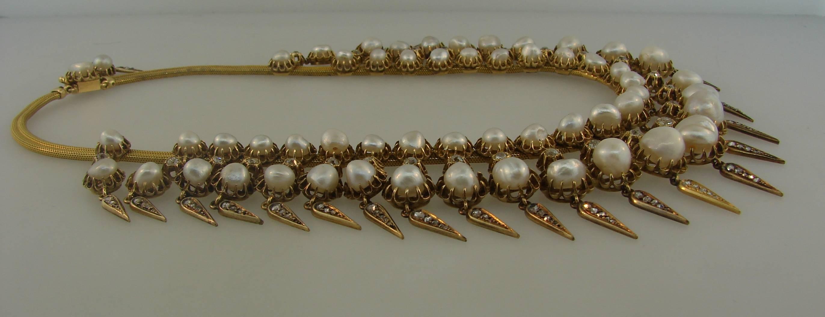 Victorian Natural Pearl Diamond Gold Necklace 5