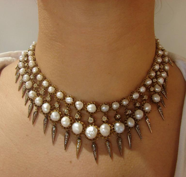 Victorian Natural Pearl Diamond Gold Necklace For Sale at 1stDibs