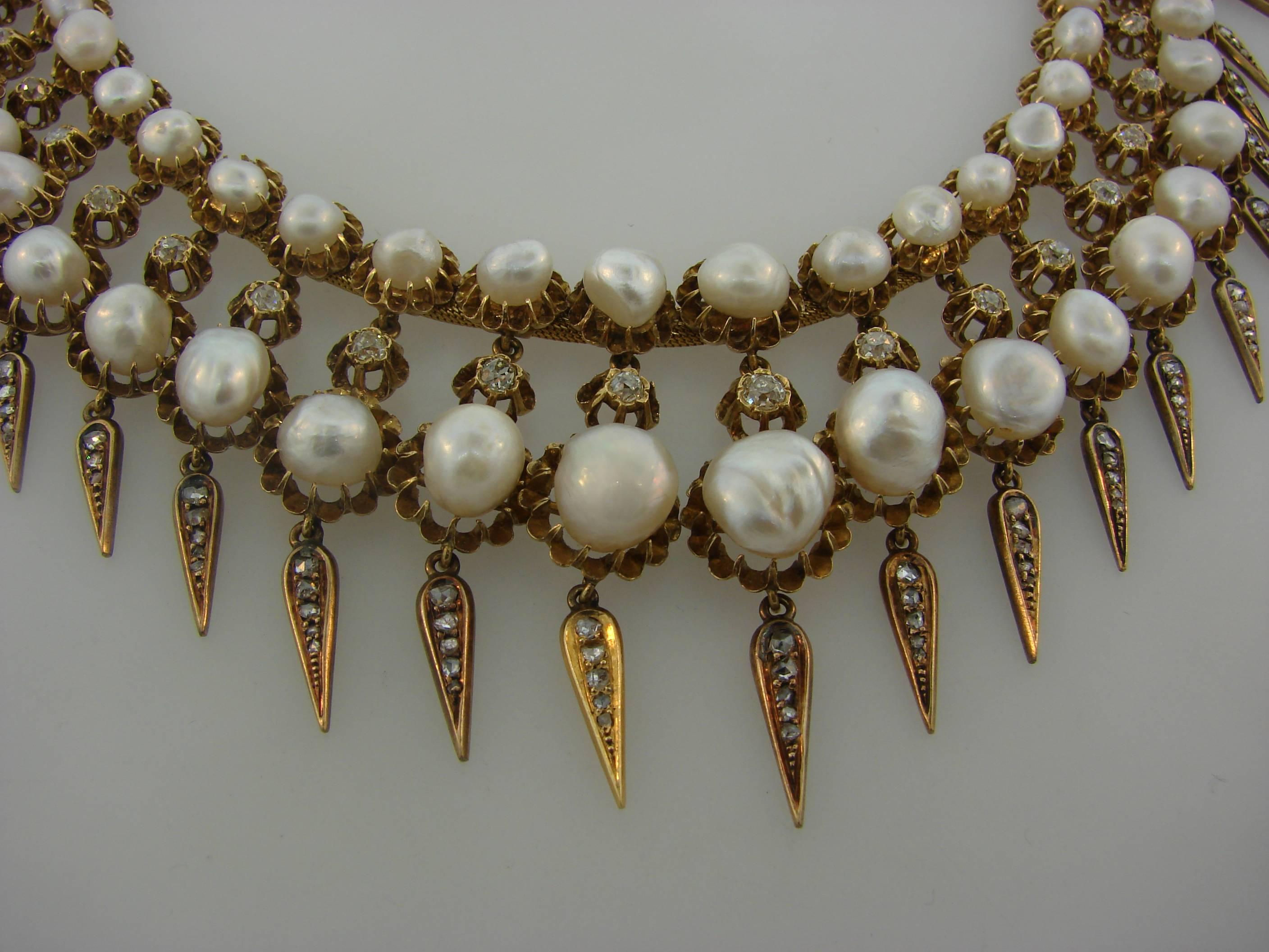 Victorian Natural Pearl Diamond Gold Necklace 3