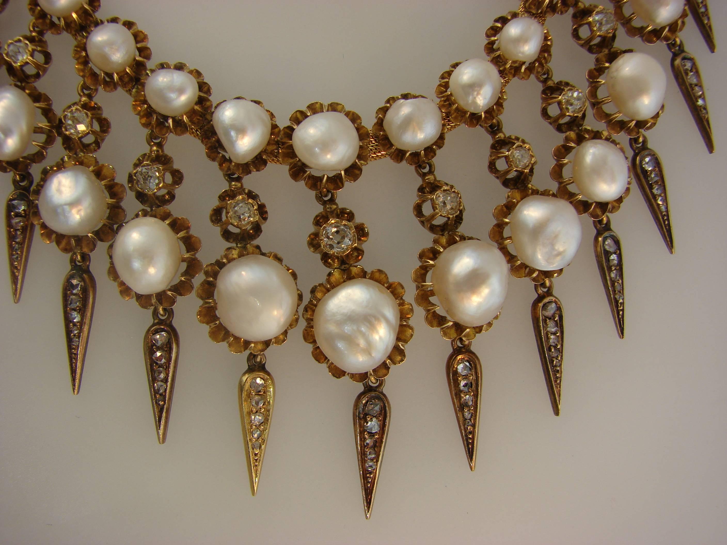 Victorian Natural Pearl Diamond Gold Necklace 4