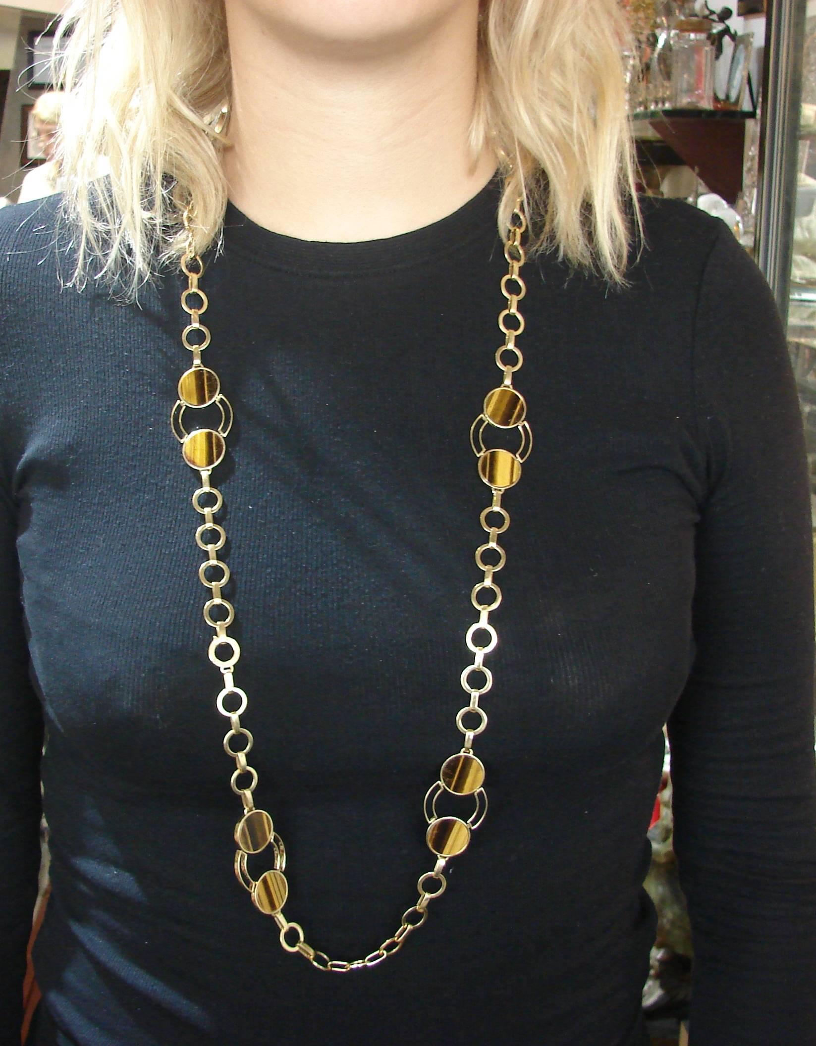 Women's or Men's 1970s GUCCI Tiger's Eye Gold Necklace Bracelet Set