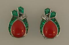 1950s Raymond Yard Coral Emerald Diamond Platinum Earrings