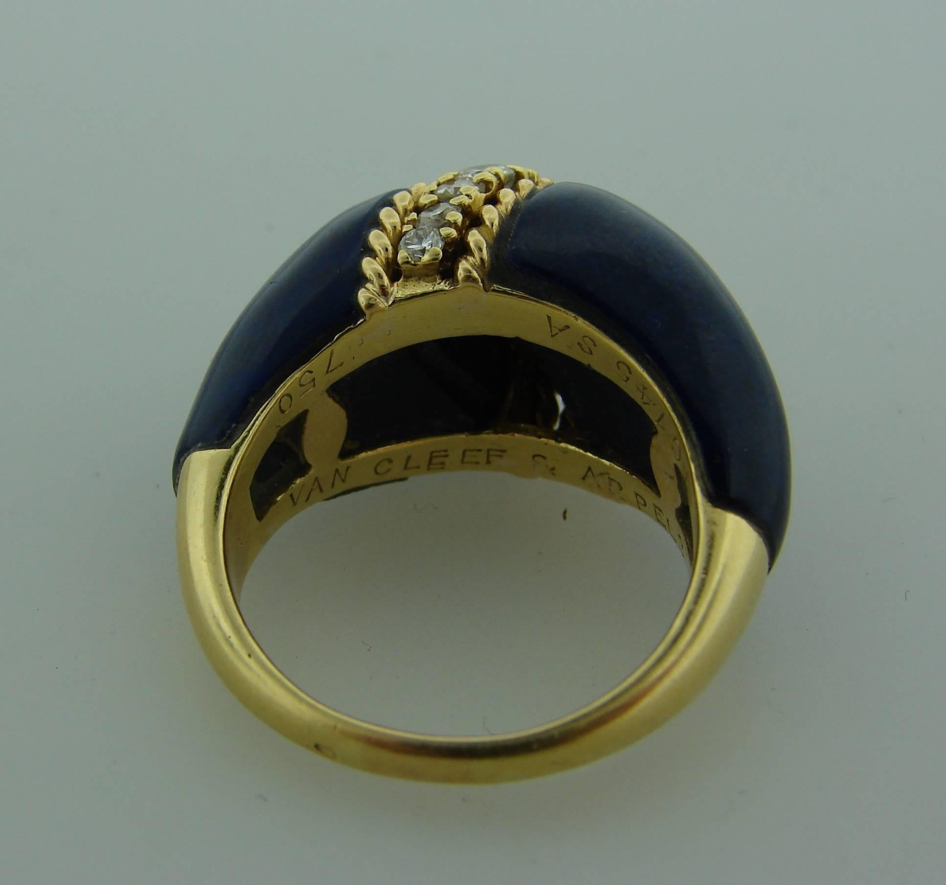 Vintage Van Cleef & Arpels 18k Yellow Gold Ring Lapis Lazuli Diamond  3