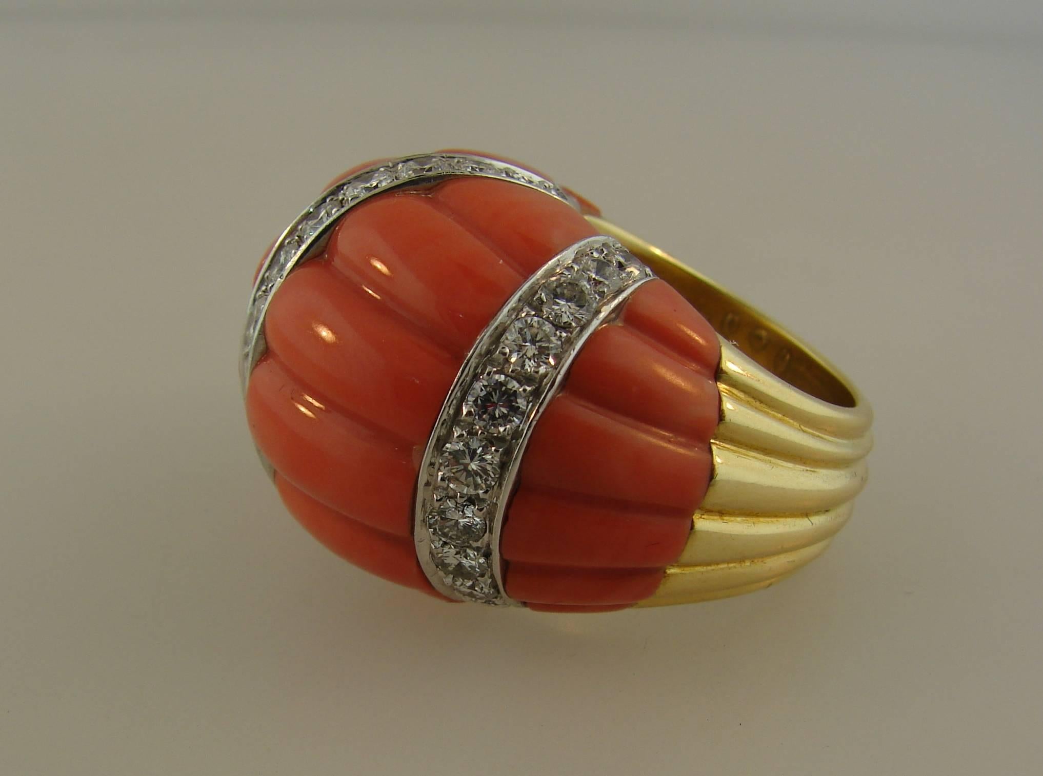 Women's 1970s DAVID WEBB Coral Diamond Yellow Gold Ring