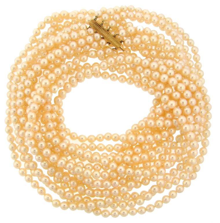 Mikimoto Akoya Pearl Yellow Gold Clasp MultiStrand Long Necklace For
