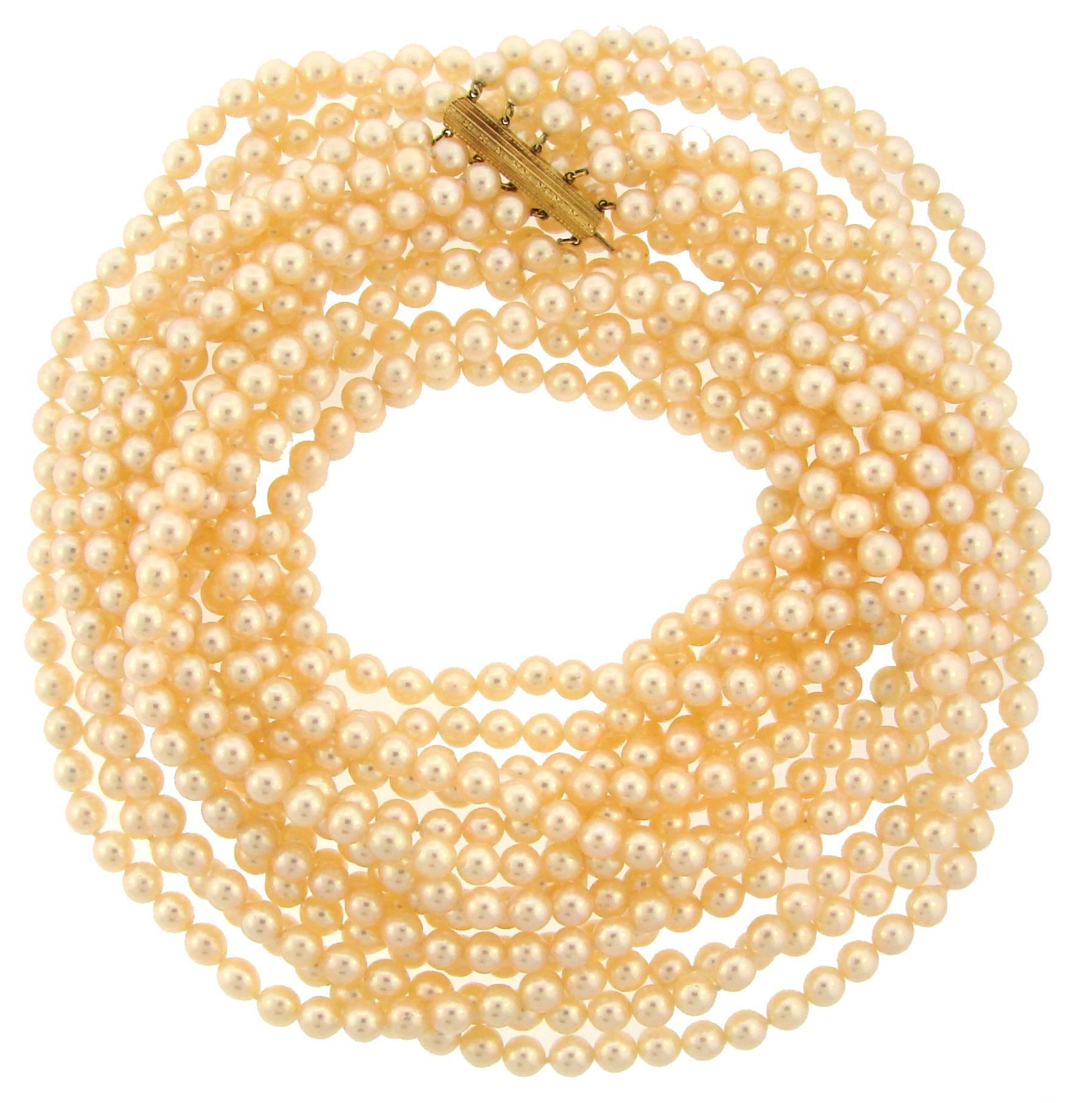 Mikimoto Akoya Pearl Yellow Gold Clasp Multi-Strand Long Necklace