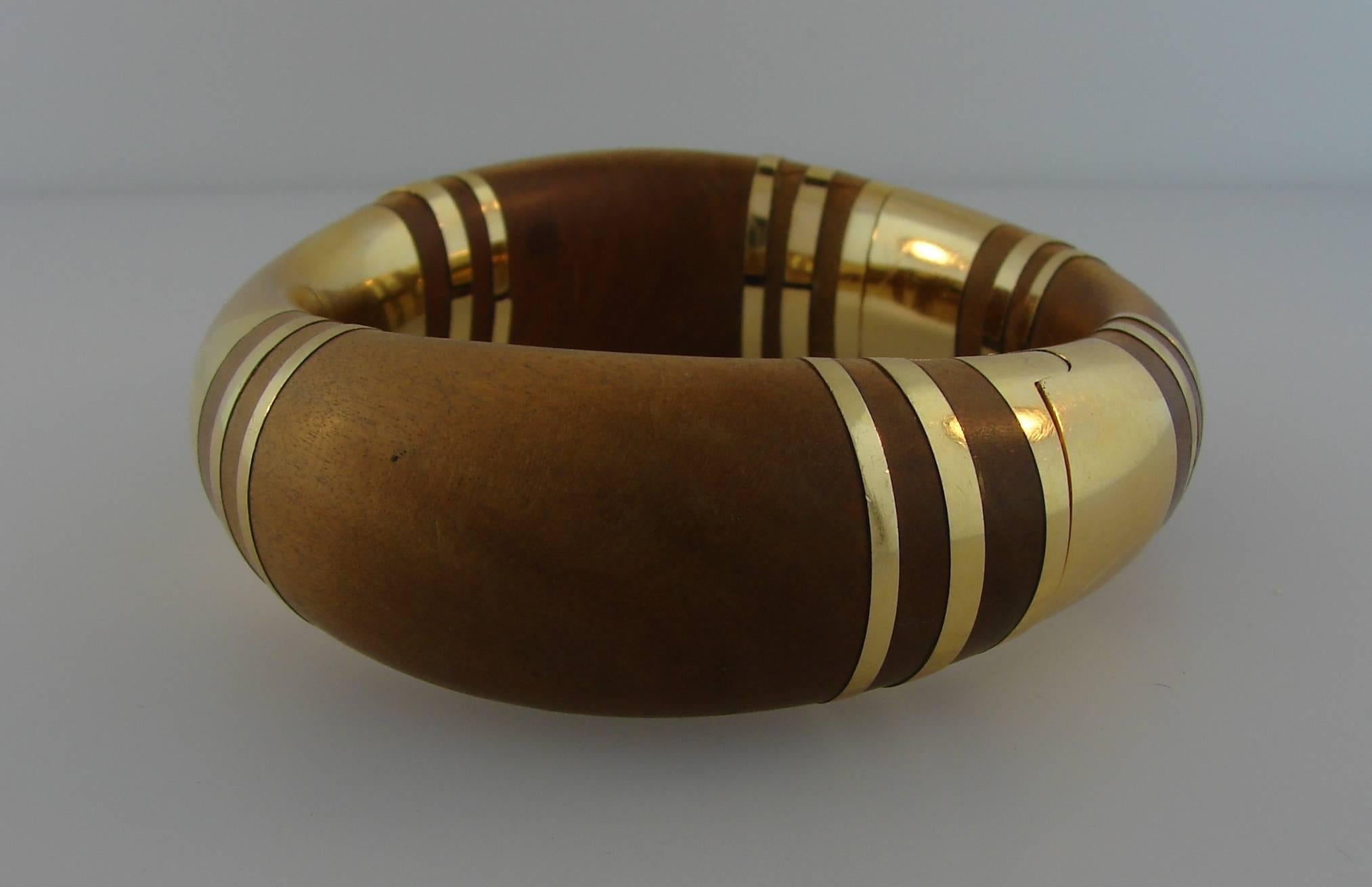 Rene Boivin  Gold Inlaid Wood Bangle Bracelet Earrings Set 3