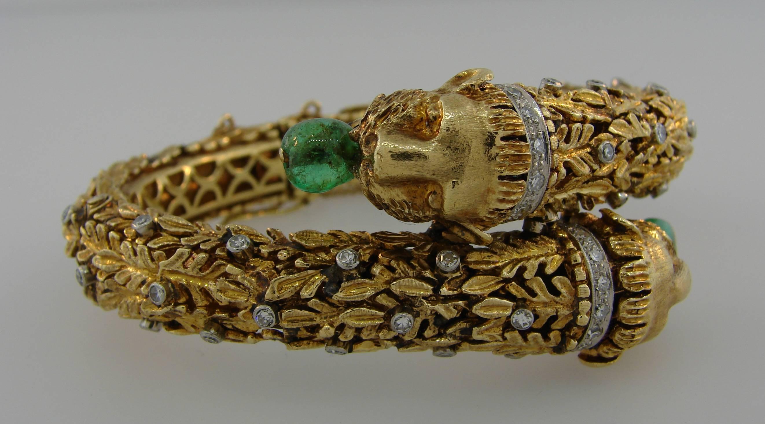 Women's Zolotas Emerald Diamond Yellow Gold Bangle Bracelet 1970s