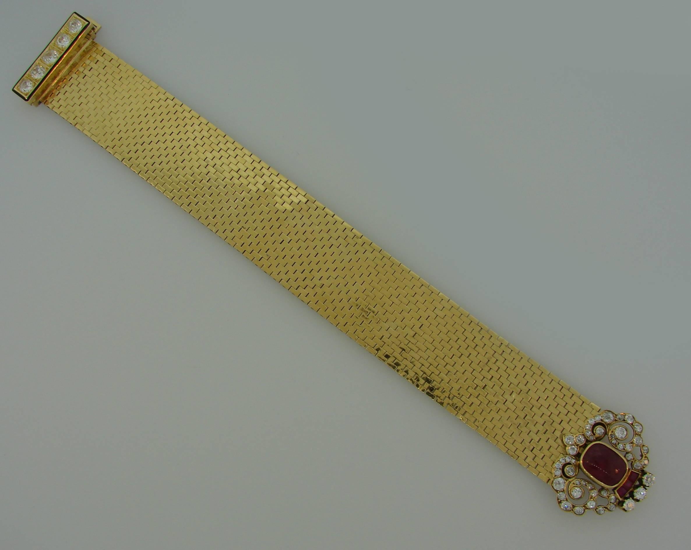 Women's Van Cleef & Arpels Ludo Bracelet Ruby Diamond Enamel Yellow Gold Buckle Retro