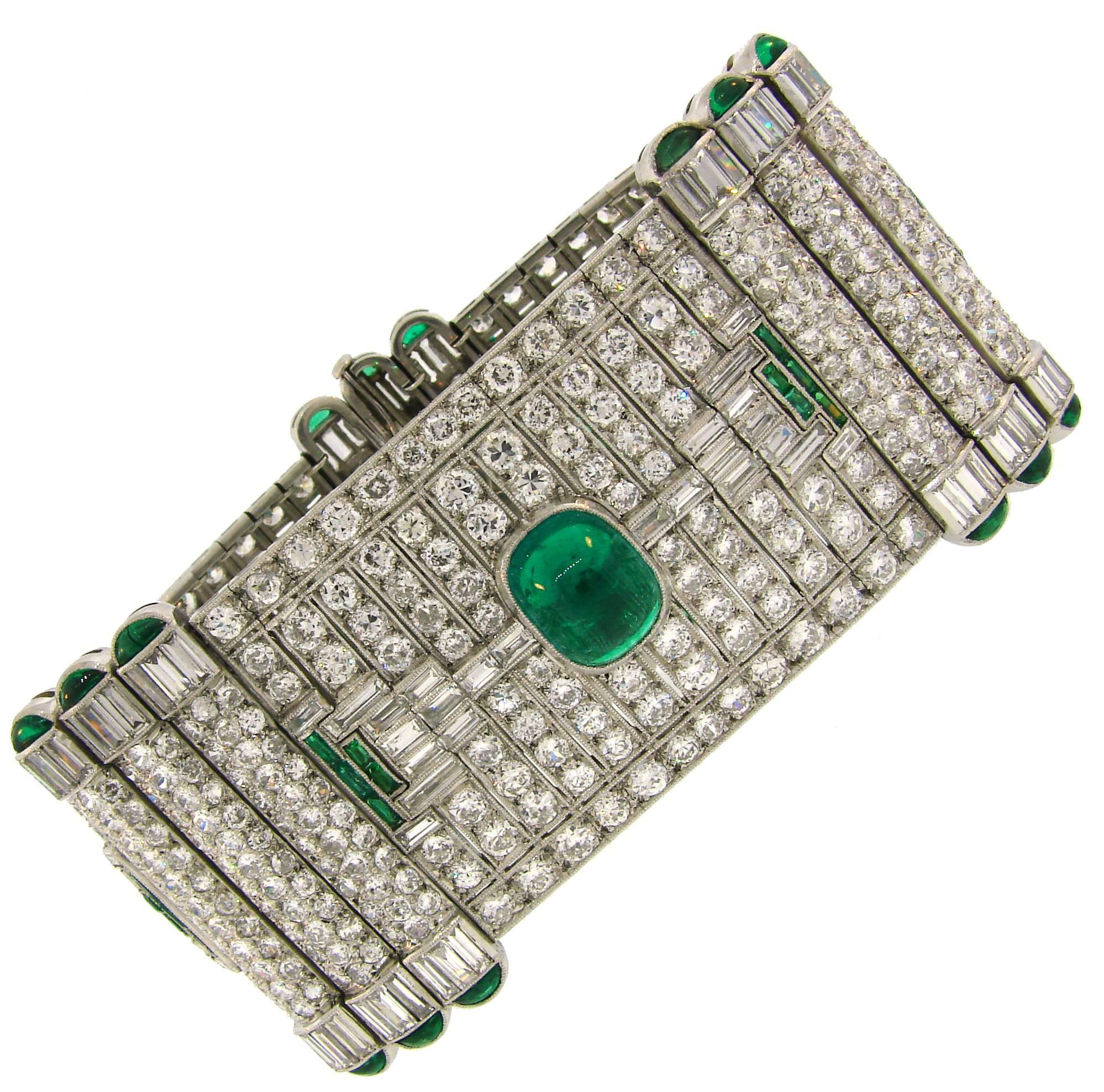 Magnificent Art Deco Colombian AGL Emerald Diamond Platinum Bracelet Levy-Wander