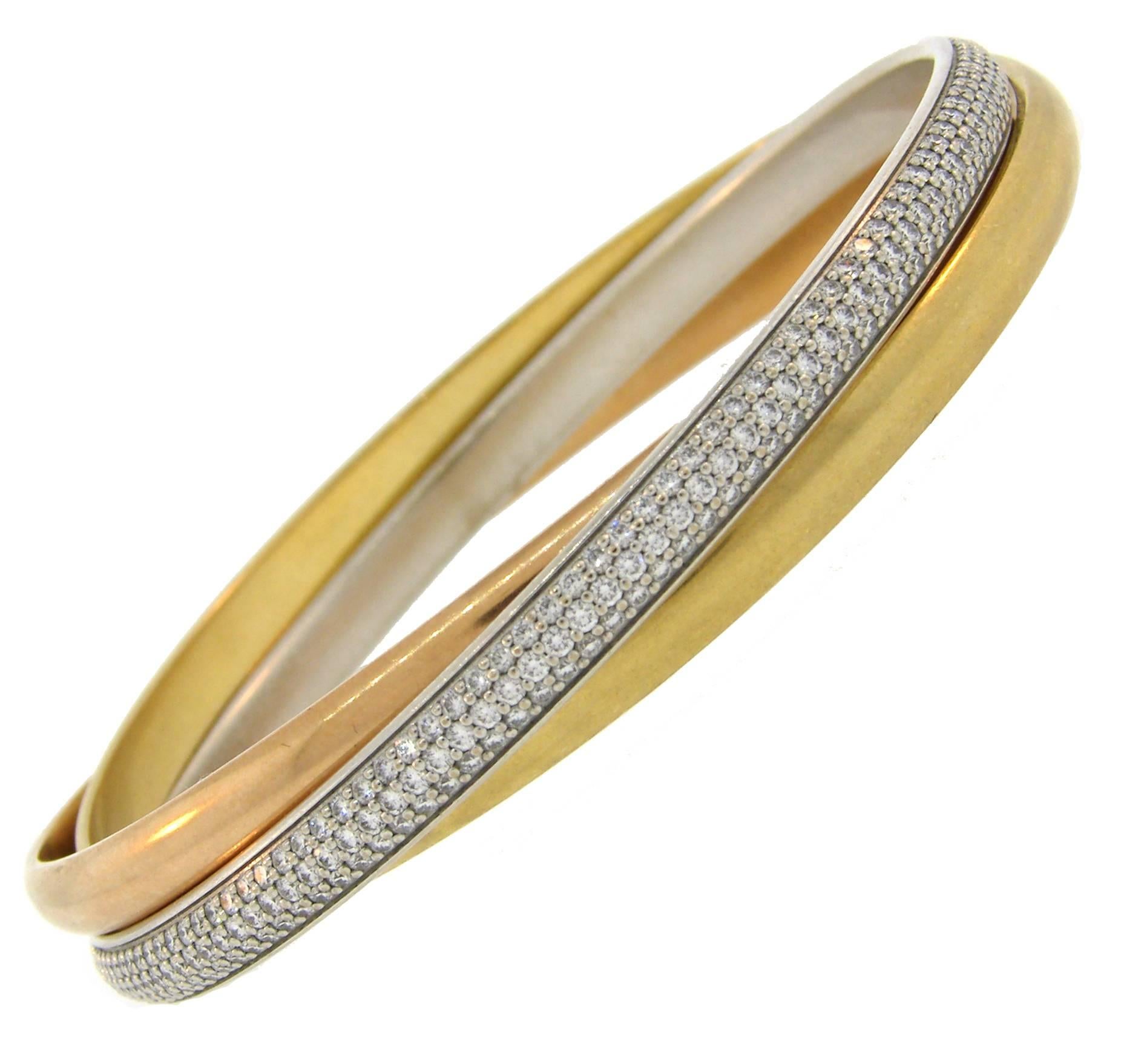 Cartier Diamond Three-Tone Gold Trinity Bangle Bracelet