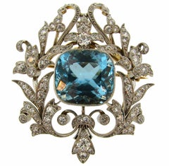 Black, Starr and Frost Aquamarine Diamond Platinum Gold Pendant Pin Brooch