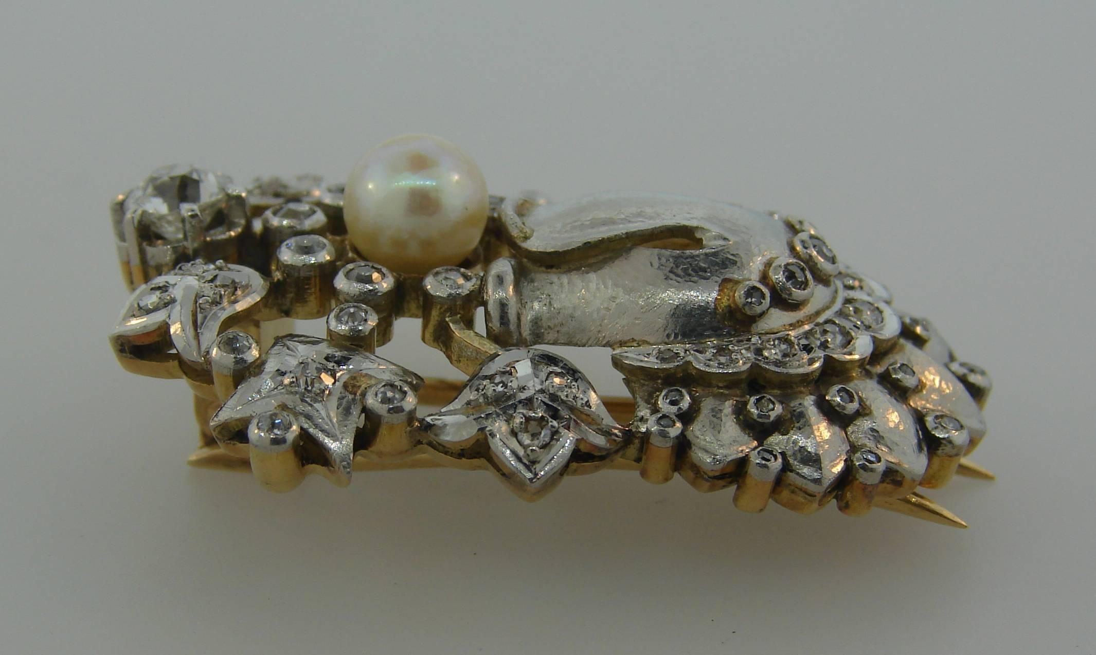 Broche à double clip en or et platine avec perle, diamant et perle, France, années 1930 Bon état - En vente à Beverly Hills, CA