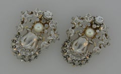 Pearl Diamond Platinum Gold Double Clip Brooch Pin, French, 1930s