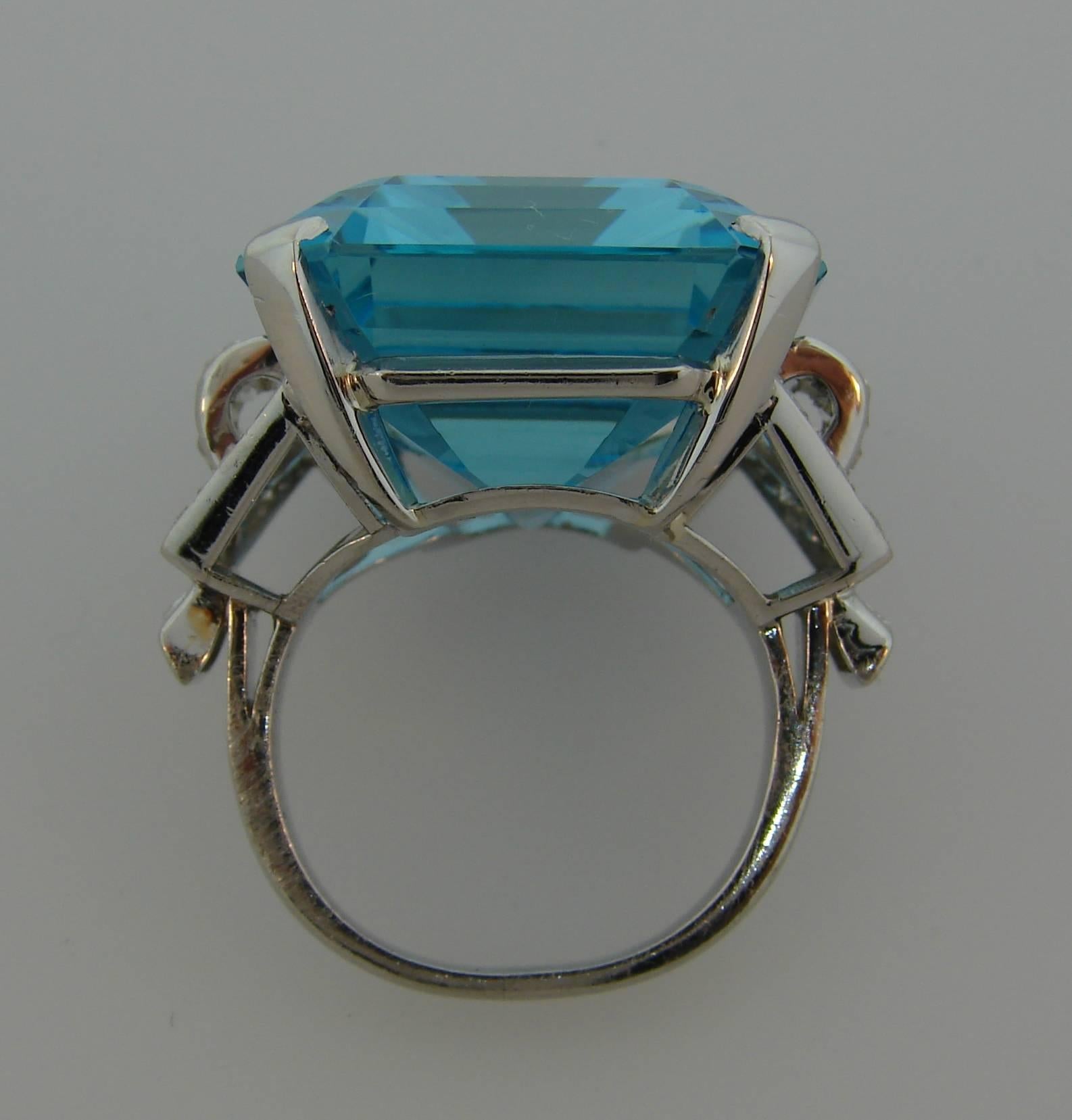  Asprey Aquamarine Diamond Platinum Cocktail Ring, Art Deco 1930s In Excellent Condition In Beverly Hills, CA