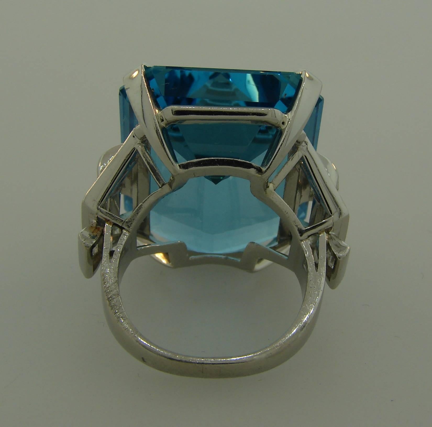 Emerald Cut  Asprey Aquamarine Diamond Platinum Cocktail Ring, Art Deco 1930s