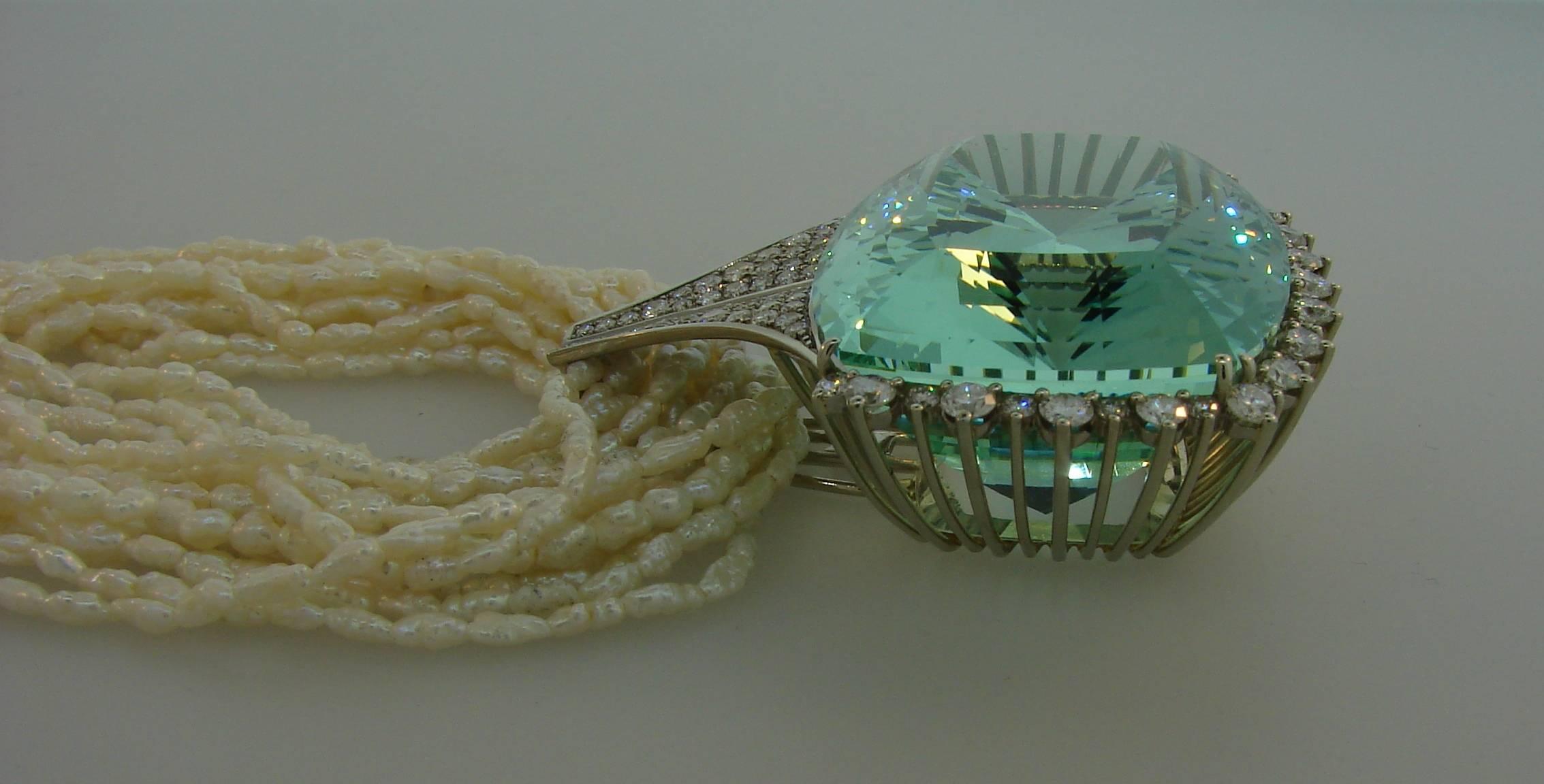 160.70 Carat Brazilian Aquamarine Pendant on Pearl Diamond White Gold Necklace 2