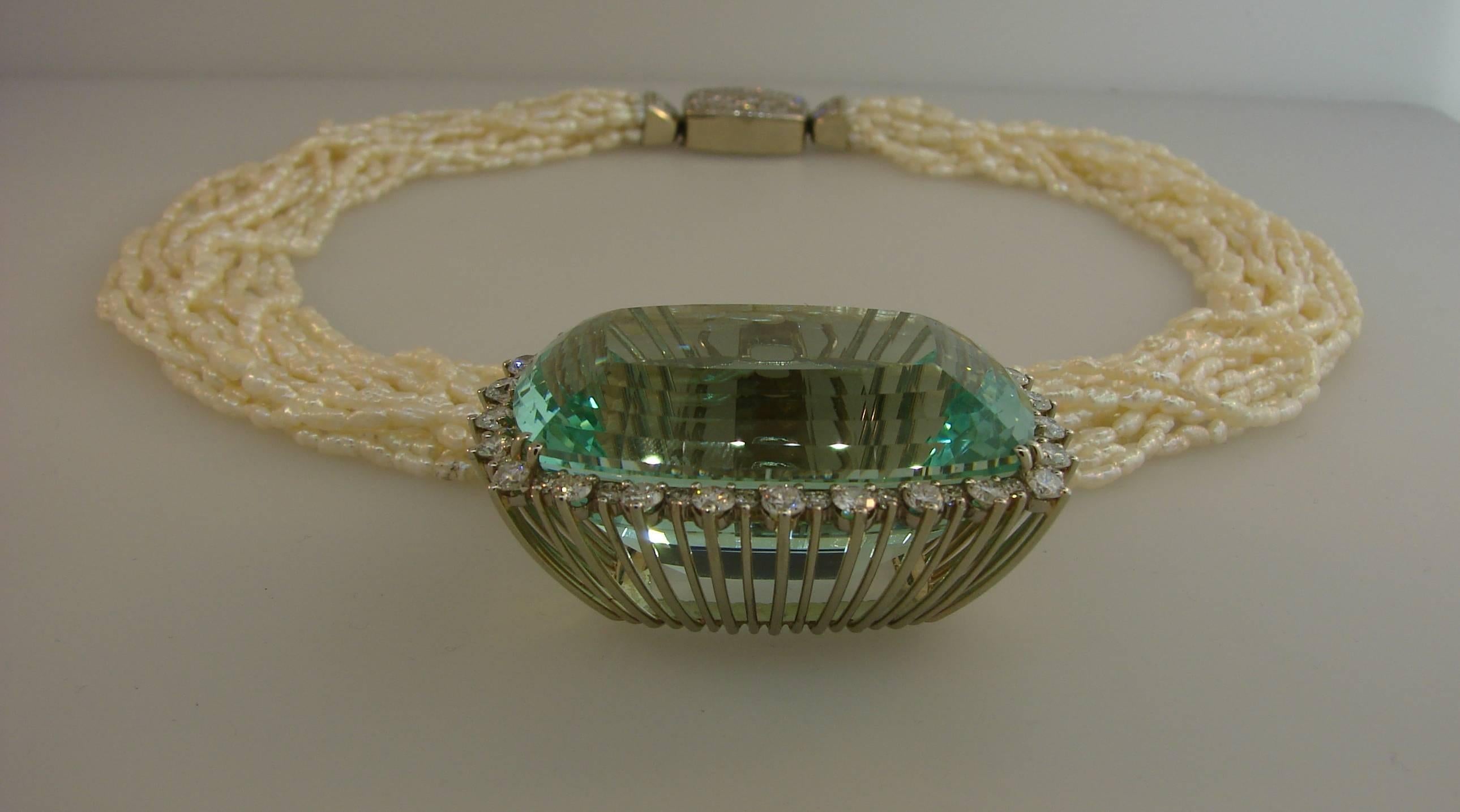 160.70 Carat Brazilian Aquamarine Pendant on Pearl Diamond White Gold Necklace 1