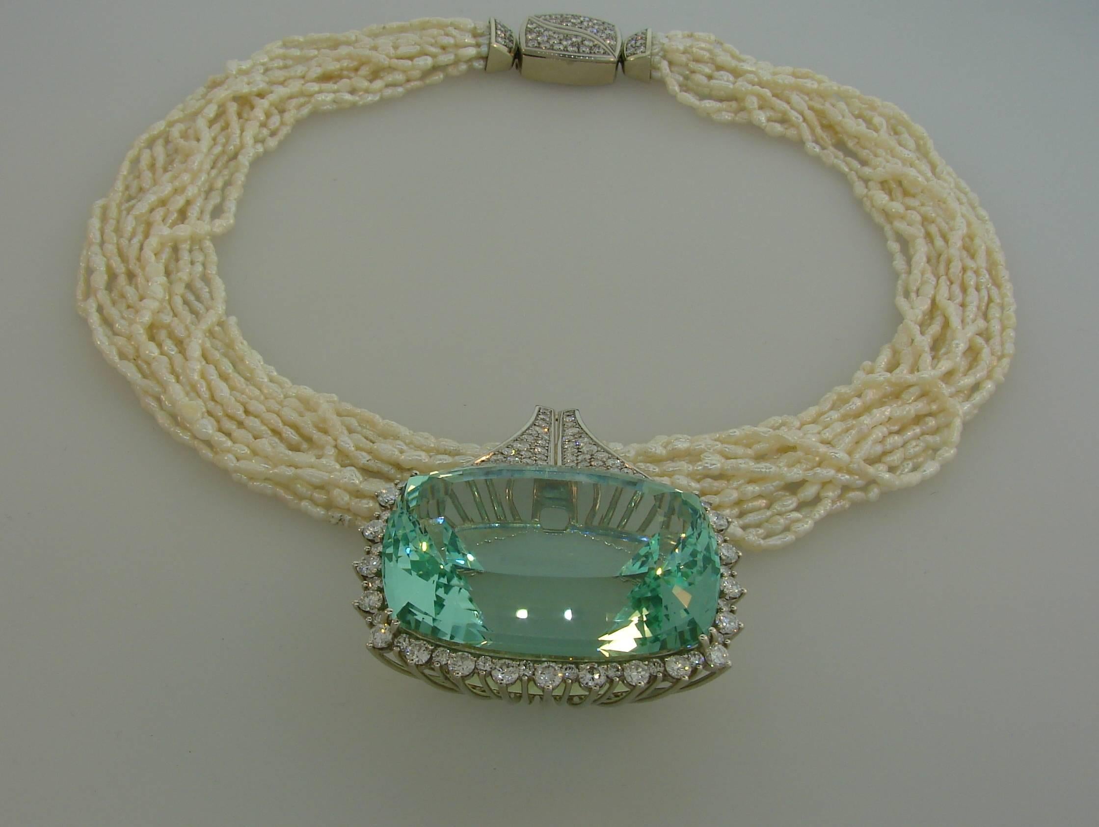 Women's 160.70 Carat Brazilian Aquamarine Pendant on Pearl Diamond White Gold Necklace
