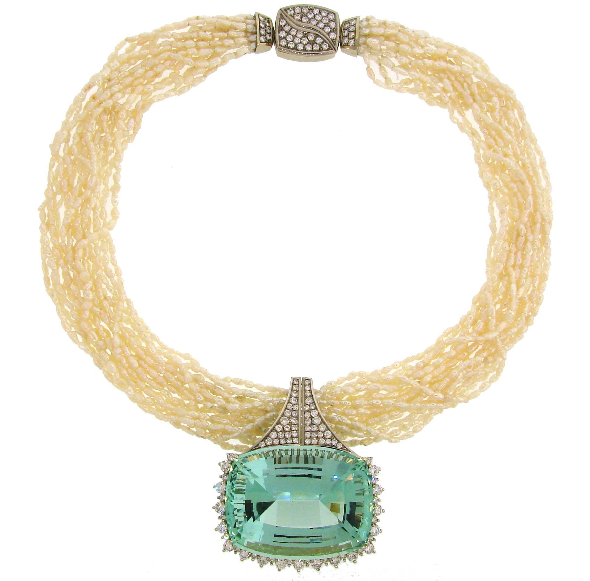 160.70 Carat Brazilian Aquamarine Pendant on Pearl Diamond White Gold Necklace