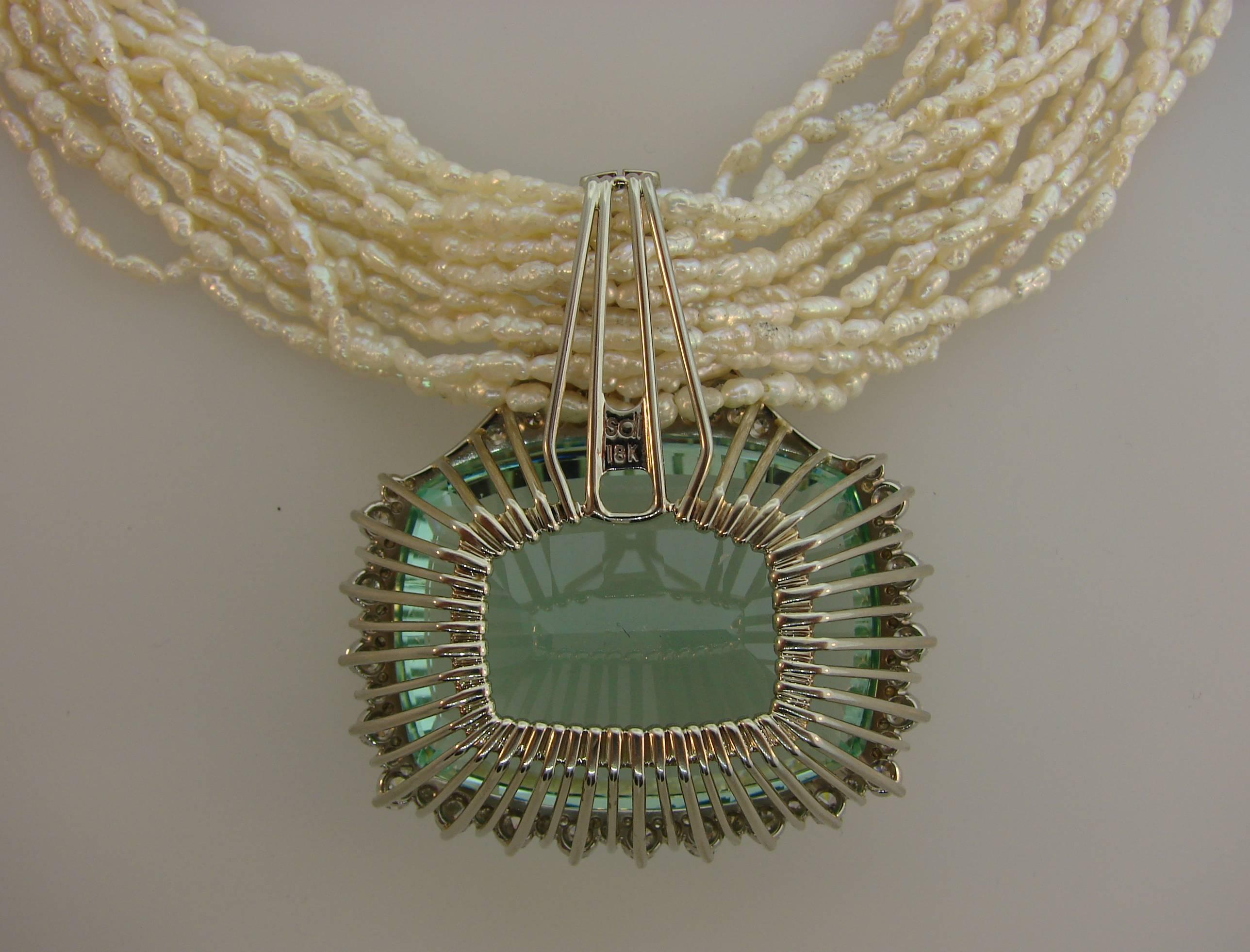160.70 Carat Brazilian Aquamarine Pendant on Pearl Diamond White Gold Necklace 3