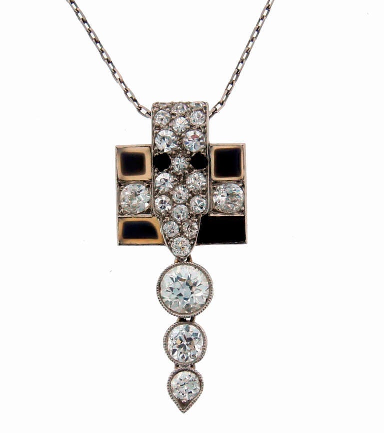 Art Deco CARTIER Diamond Black Onyx Enamel & Platinum Pendant