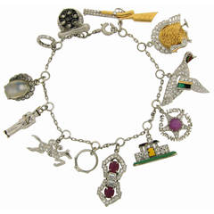 Antique Art Deco c. 1920s Multi Gems Enamel Gold & Platinum Charm Bracelet