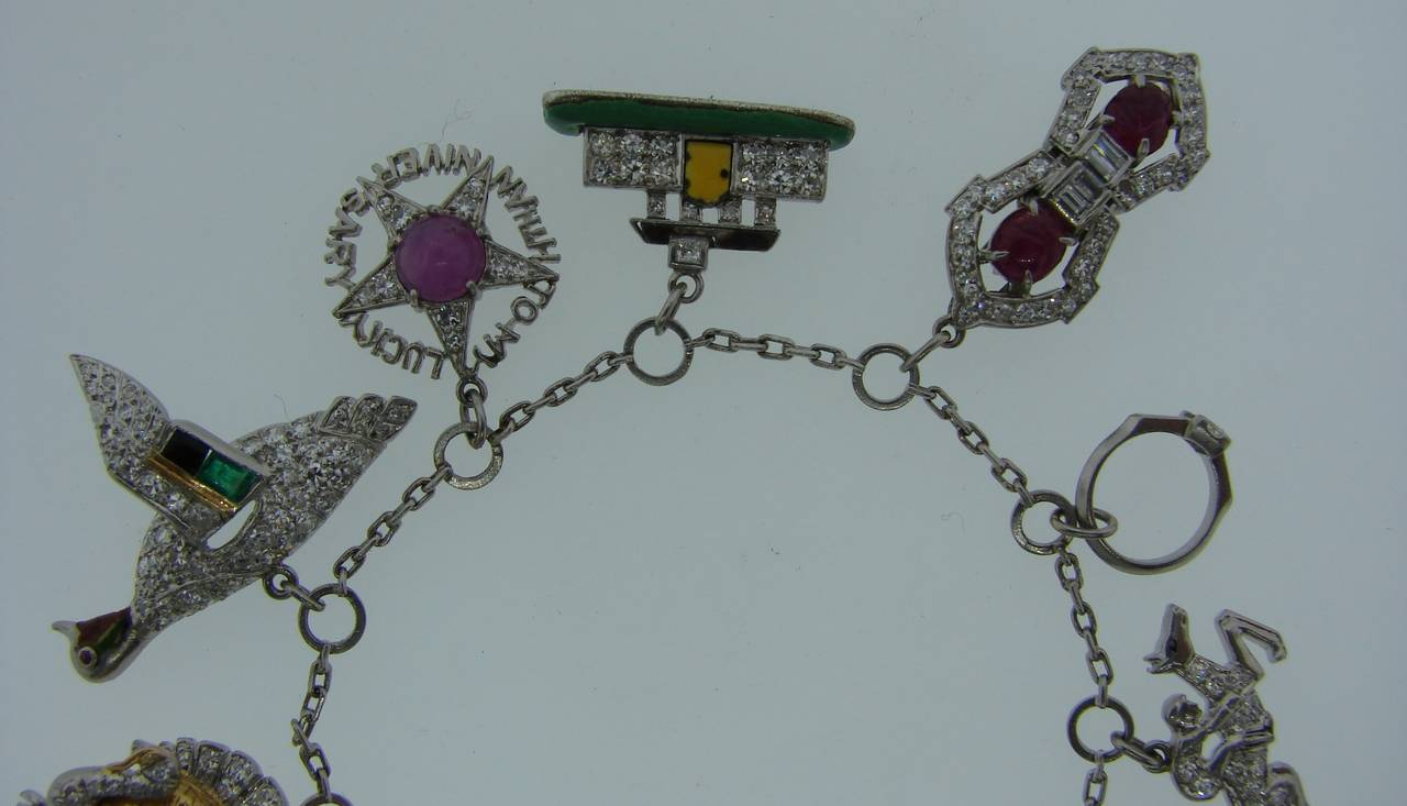 Art Deco c. 1920s Multi Gems Enamel Gold & Platinum Charm Bracelet 5