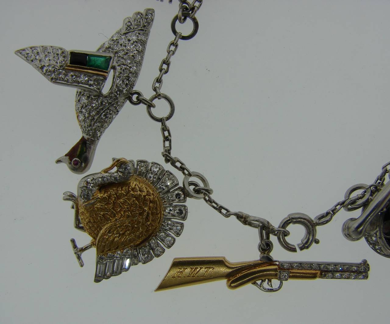 Art Deco c. 1920s Multi Gems Enamel Gold & Platinum Charm Bracelet 6