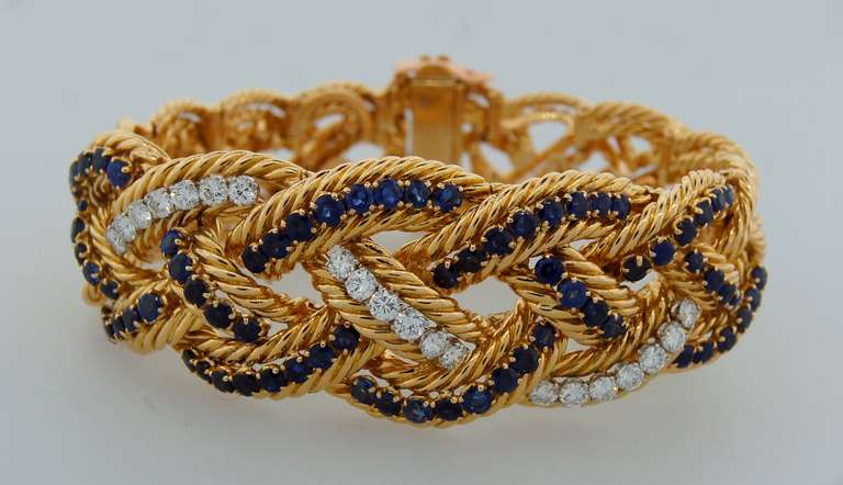 1960s BOUCHERON Paris Diamond Sapphire & Yellow Gold Bracelet In Excellent Condition In Beverly Hills, CA