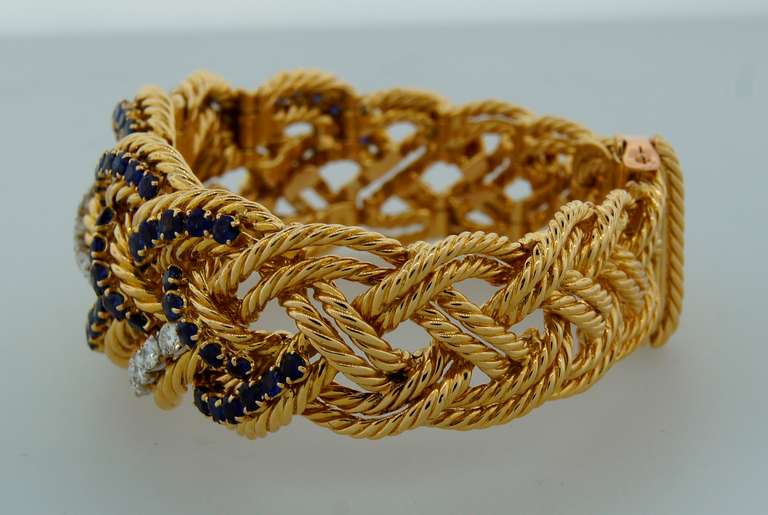 1960s BOUCHERON Paris Diamond Sapphire & Yellow Gold Bracelet 2