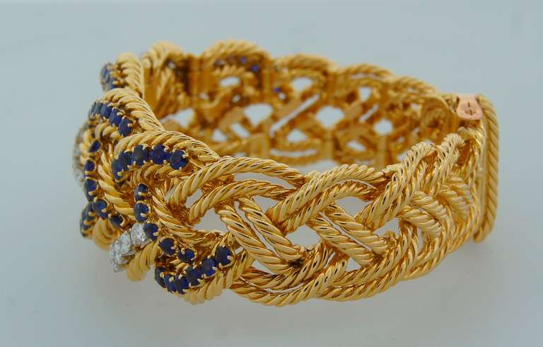 1960s BOUCHERON Paris Diamond Sapphire & Yellow Gold Bracelet 3