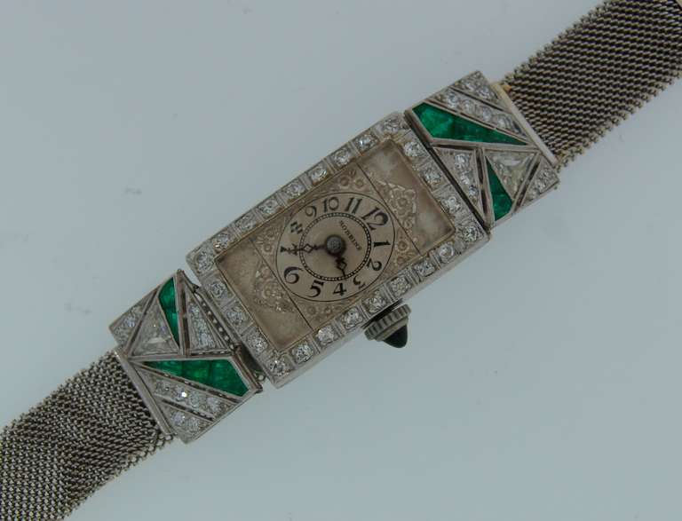 Robbins Lady's Platinum, Diamond and Emerald Art Deco Wristwatch 2