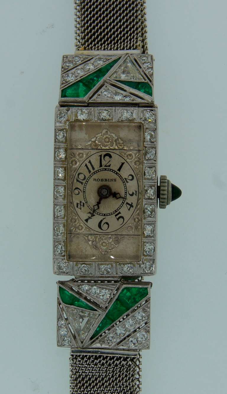 Robbins Lady's Platinum, Diamond and Emerald Art Deco Wristwatch 1