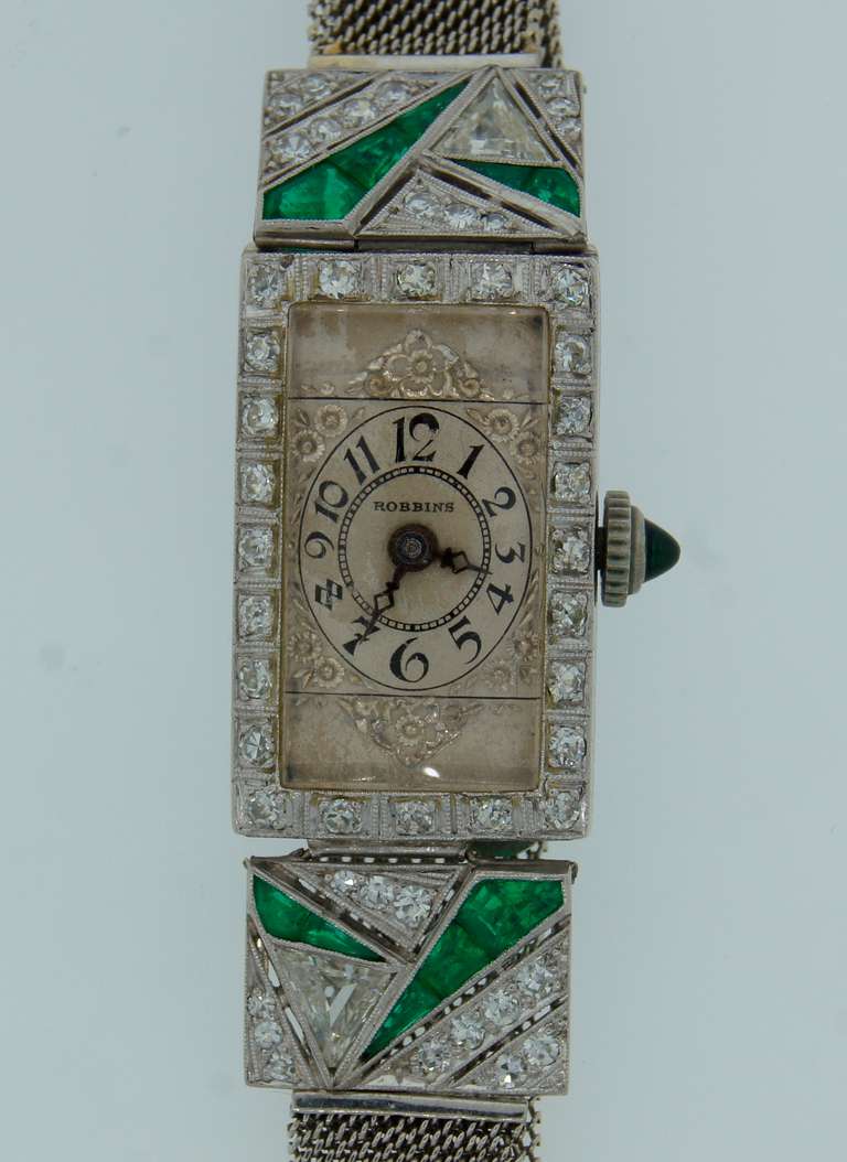 Robbins Lady's Platinum, Diamond and Emerald Art Deco Wristwatch 3