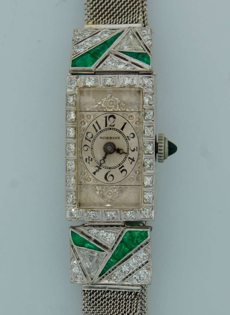 Women's Robbins Lady's Platinum, Diamond and Emerald Art Deco Wristwatch