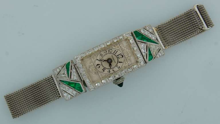 Robbins Lady's Platinum, Diamond and Emerald Art Deco Wristwatch In Good Condition In Beverly Hills, CA