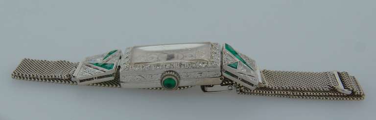 Robbins Lady's Platinum, Diamond and Emerald Art Deco Wristwatch 4