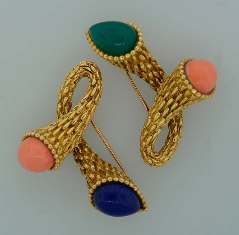 Women's c.1970s BOUCHERON Paris Coral Chrysophrase Lapis & Yellow Gold Pin Pair Brooch