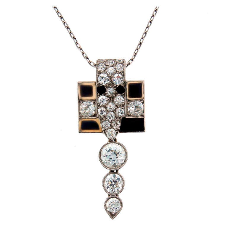 Art Deco CARTIER Diamond Black Onyx Enamel and Platinum Pendant at 1stDibs