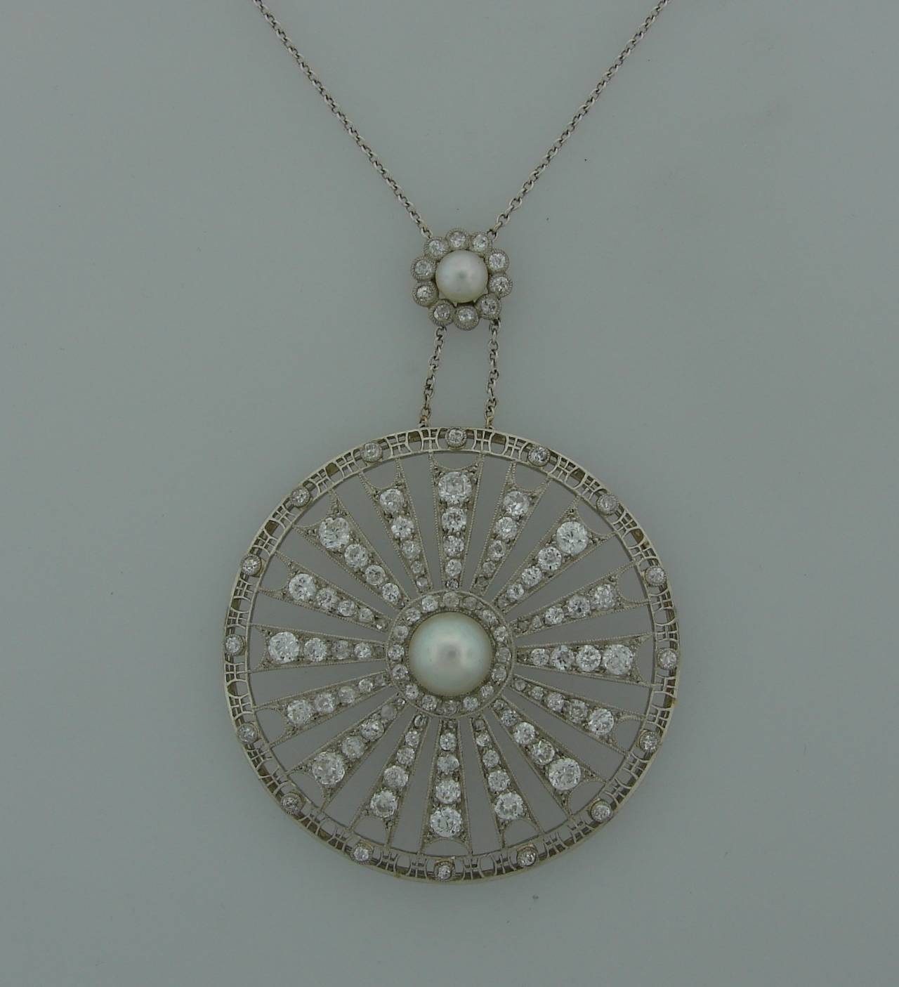 Women's Edwardian Diamond Pearl Platinum Pendant Necklace