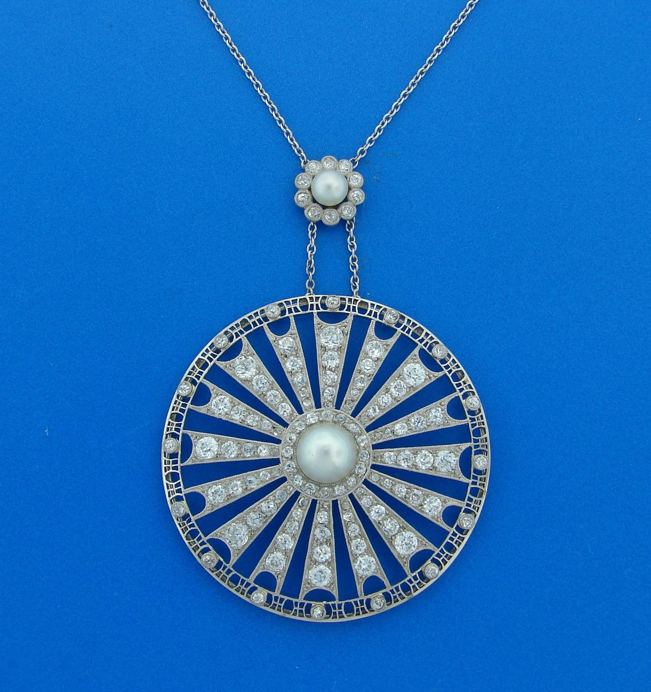 Edwardian Diamond Pearl Platinum Pendant Necklace 1