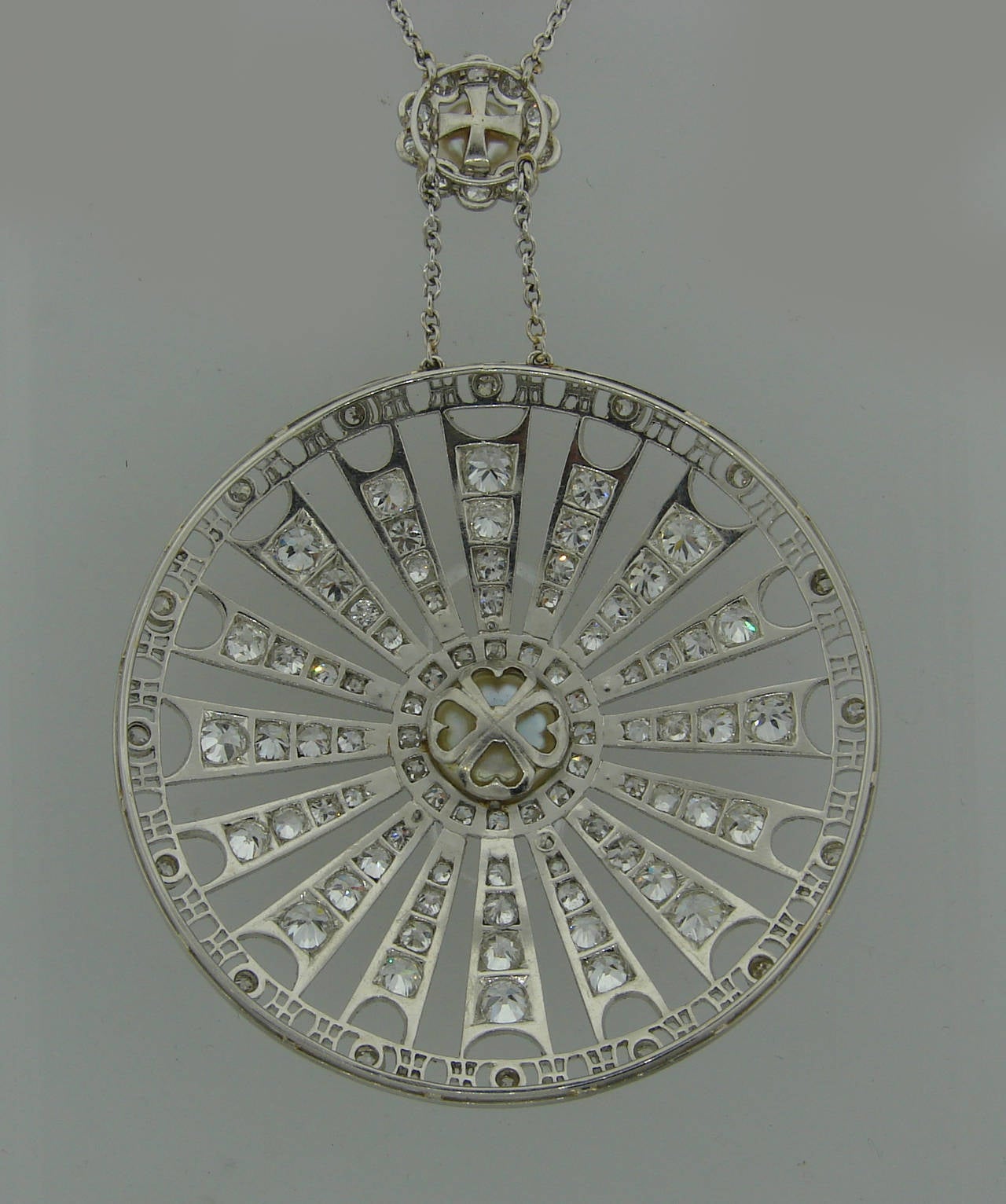 Edwardian Diamond Pearl Platinum Pendant Necklace 2