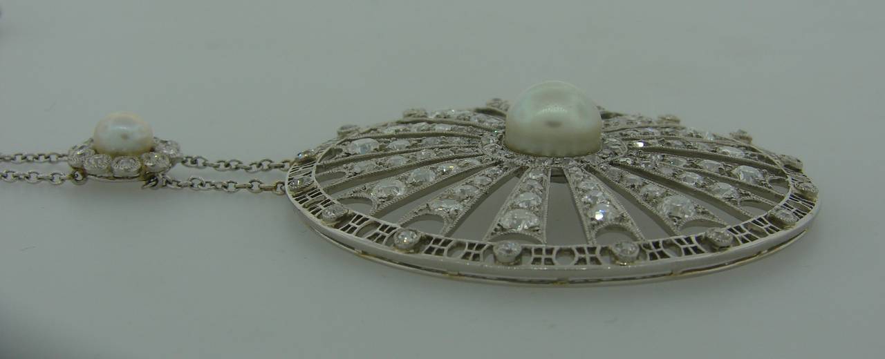 Edwardian Diamond Pearl Platinum Pendant Necklace 3