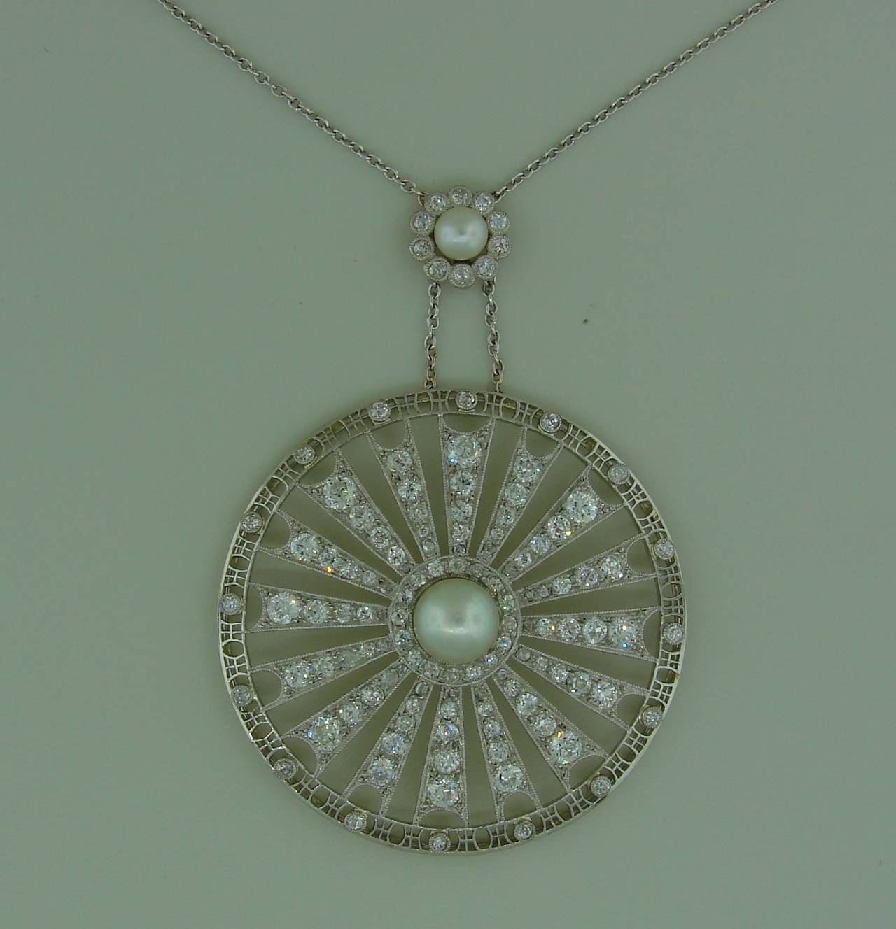 Edwardian Diamond Pearl Platinum Pendant Necklace In Excellent Condition In Beverly Hills, CA