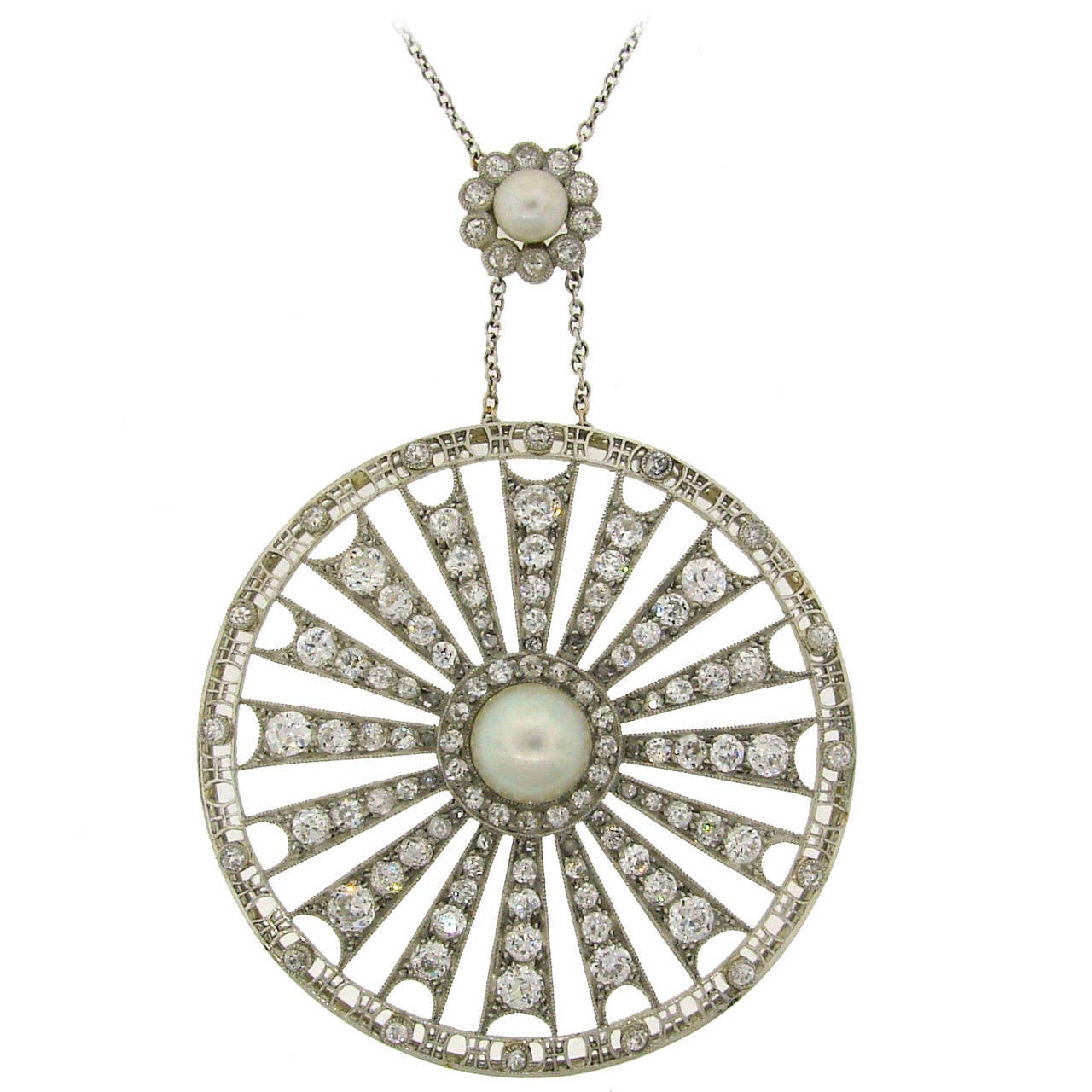 Edwardian Diamond Pearl Platinum Pendant Necklace