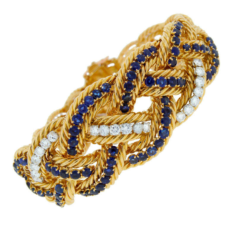 1960s BOUCHERON Paris Diamond Sapphire & Yellow Gold Bracelet